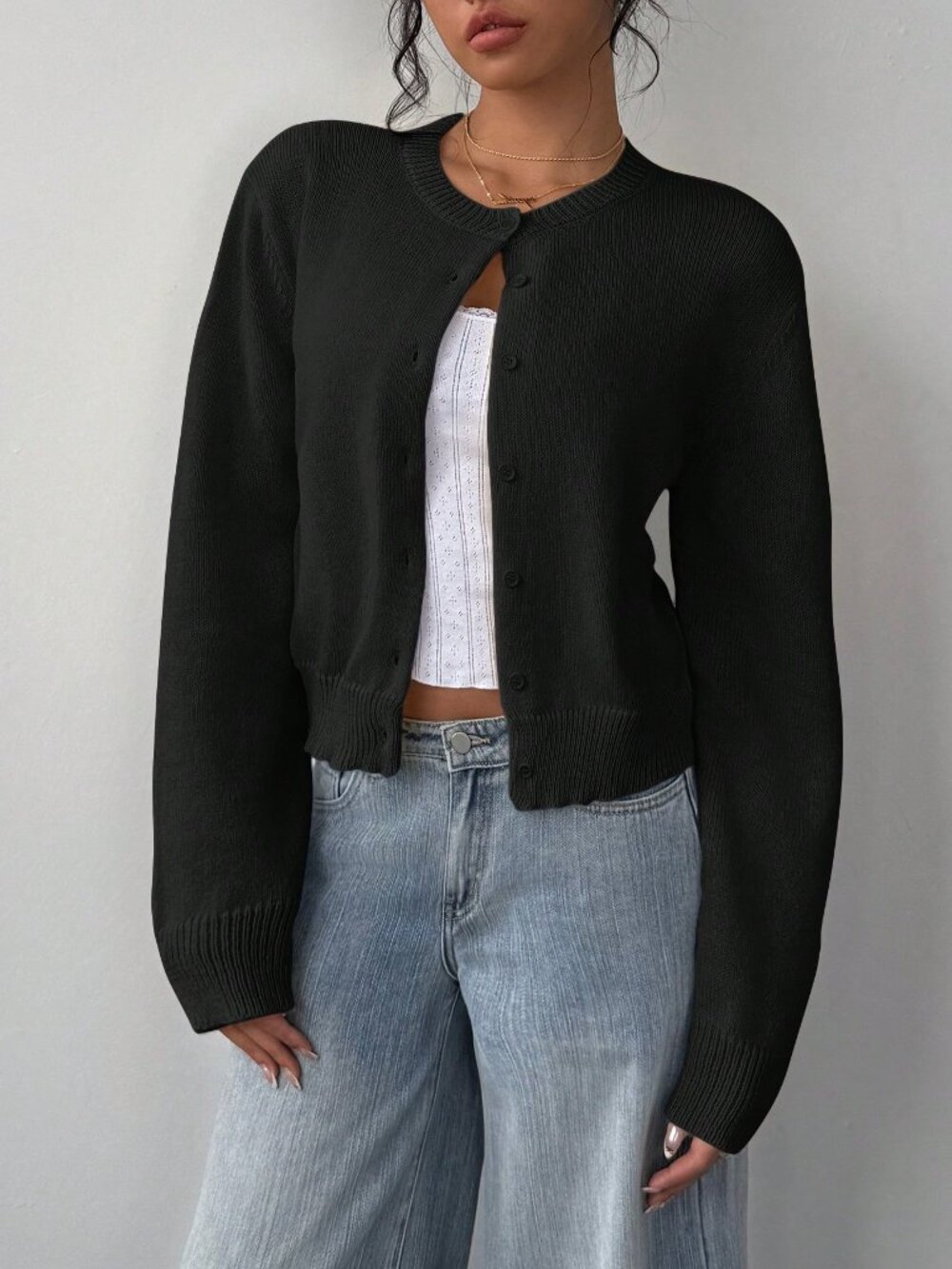 Black Casual Women's Crew Neck Long Sleeve Loose Cropped Cardigan